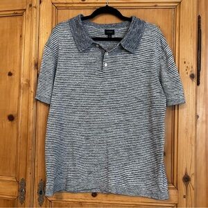 J. Crew Men's Blue and White Striped Linen Blend Short Sleeve Polo Sz L